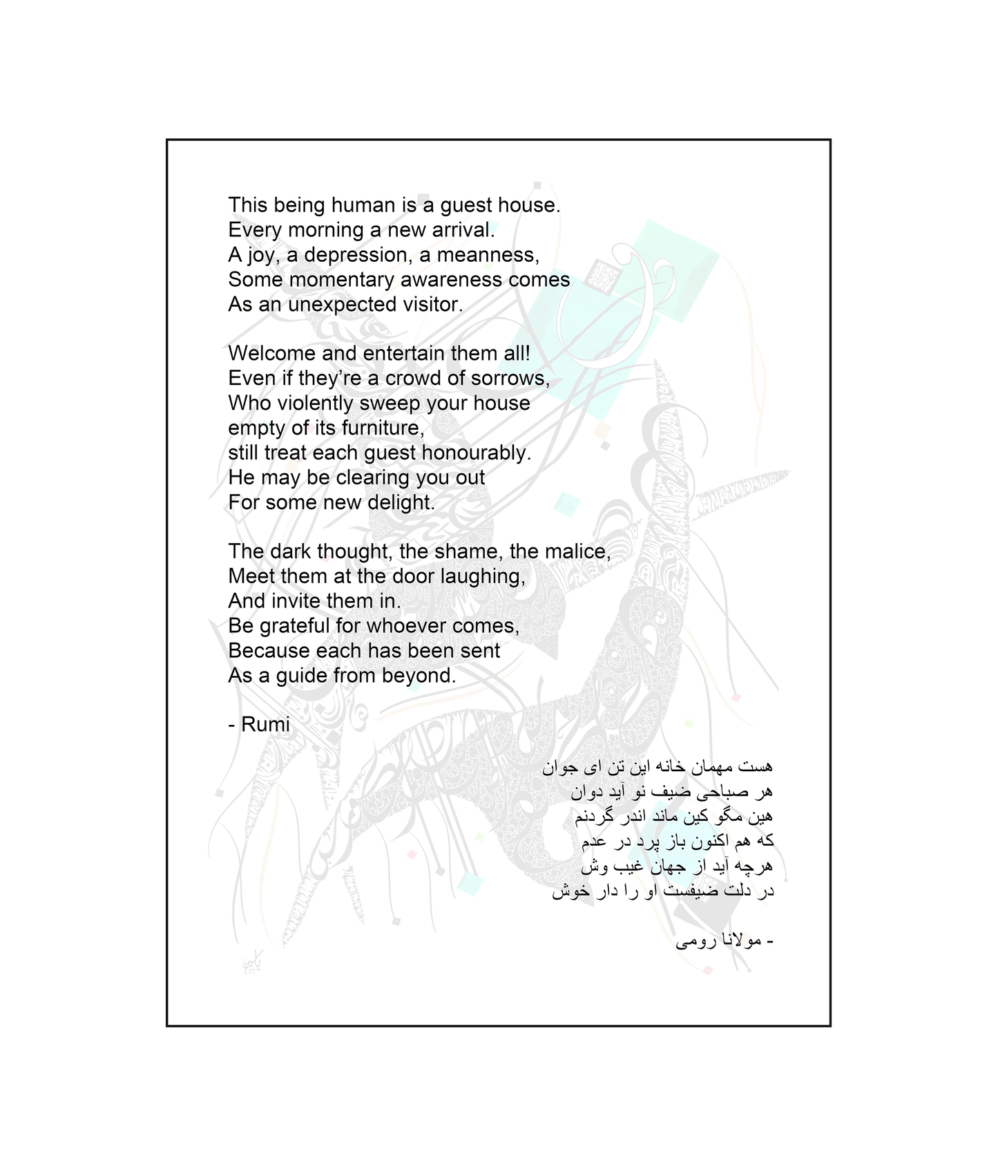 Rumi Sufi Poem The Guest House Description Card English and Farsi Translations