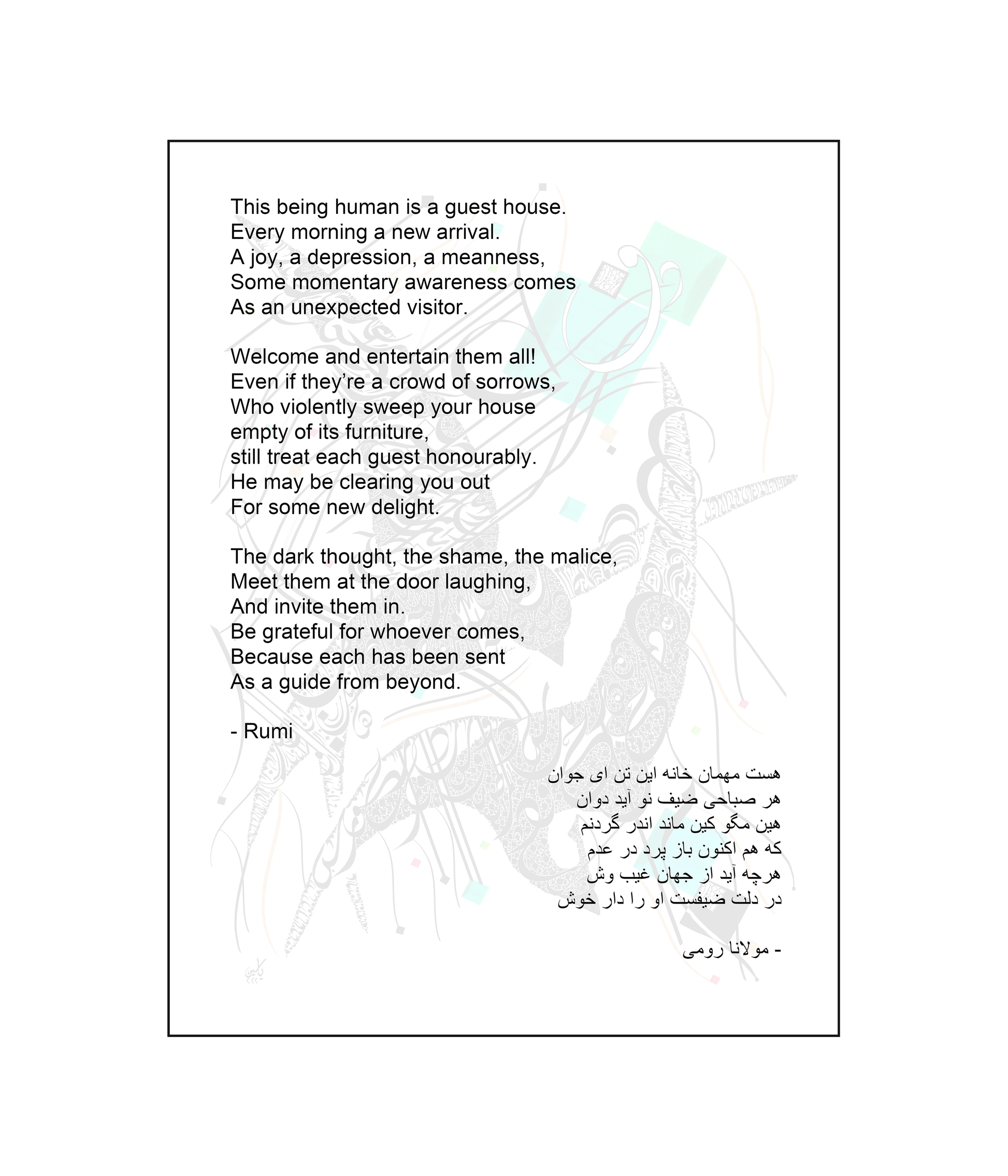 Rumi Sufi Poem The Guest House Description Card English and Farsi Translations