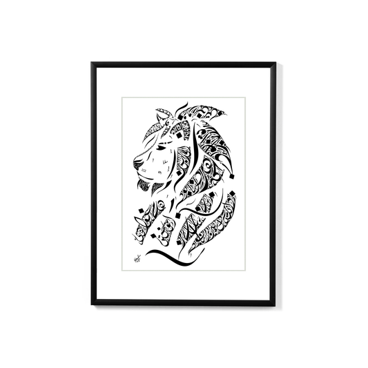 Ferdowsi Shahnameh Poetry Lion Artwork - Persian Calligraphy -Overall Black Frame