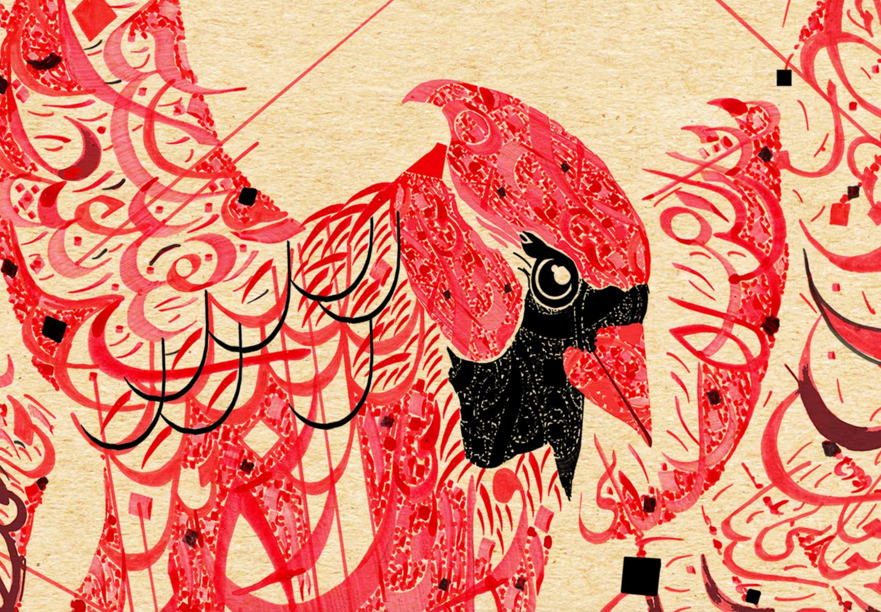 Arabic Calligraphy Red Cardinal Artwork - Abu Tammam Poetry - Tan Variation - Detail Shot 1